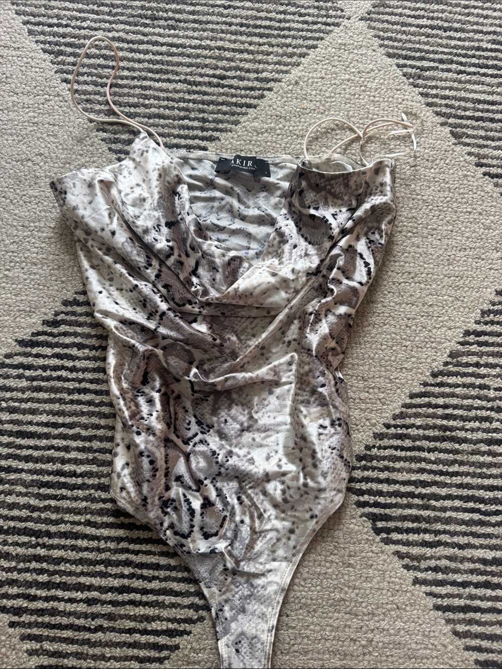 AKIRA Taupe & Black Snake Print Cowl Neck Bodysuit